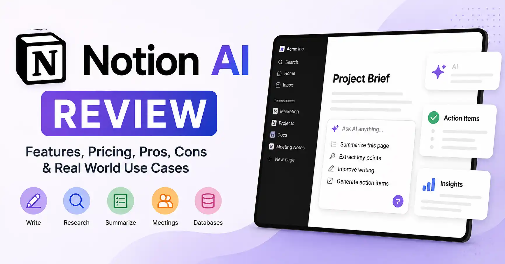 Notion AI Review showing AI workspace productivity features