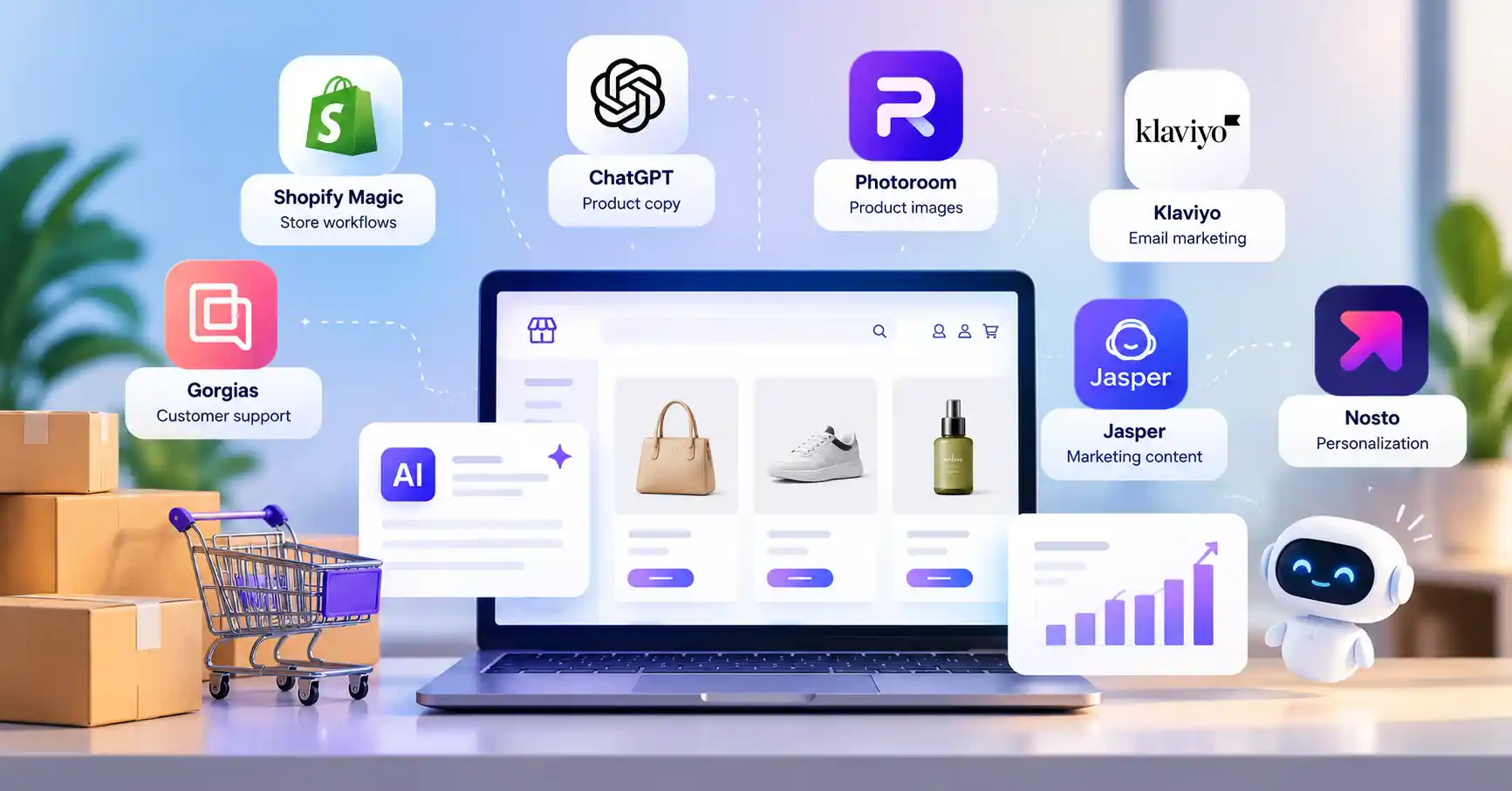 AI tools for ecommerce helping online stores manage product listings, marketing, and customer support