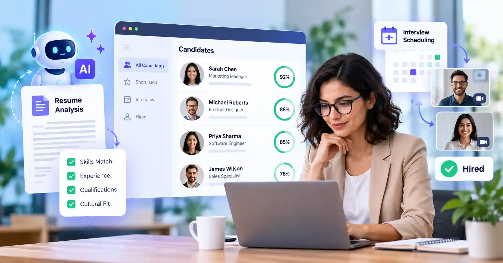 AI tools for HR and recruitment showing candidate screening, resume analysis, and interview scheduling.