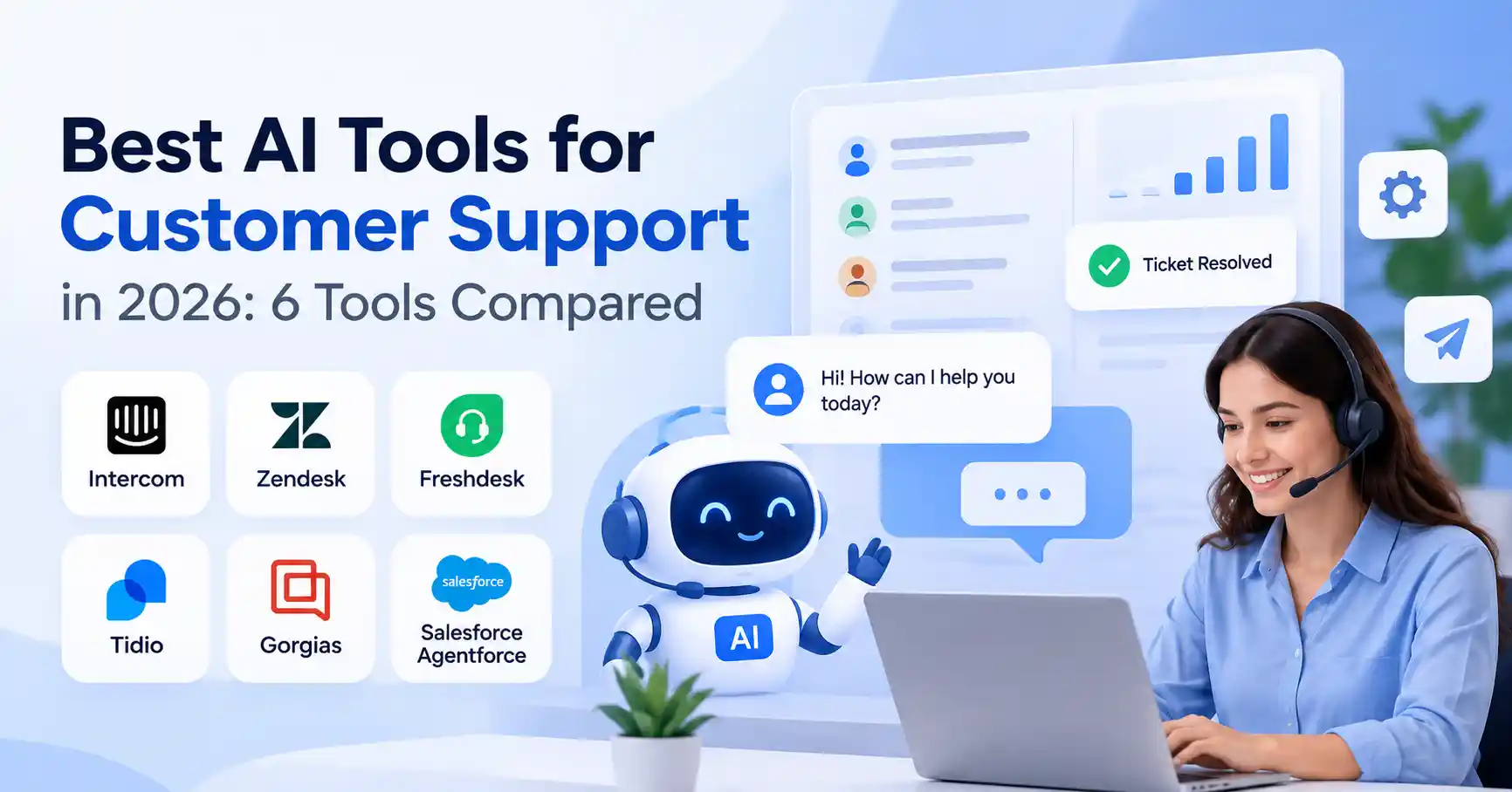 AI tools for customer support with a chatbot, support tickets, and a customer service agent.