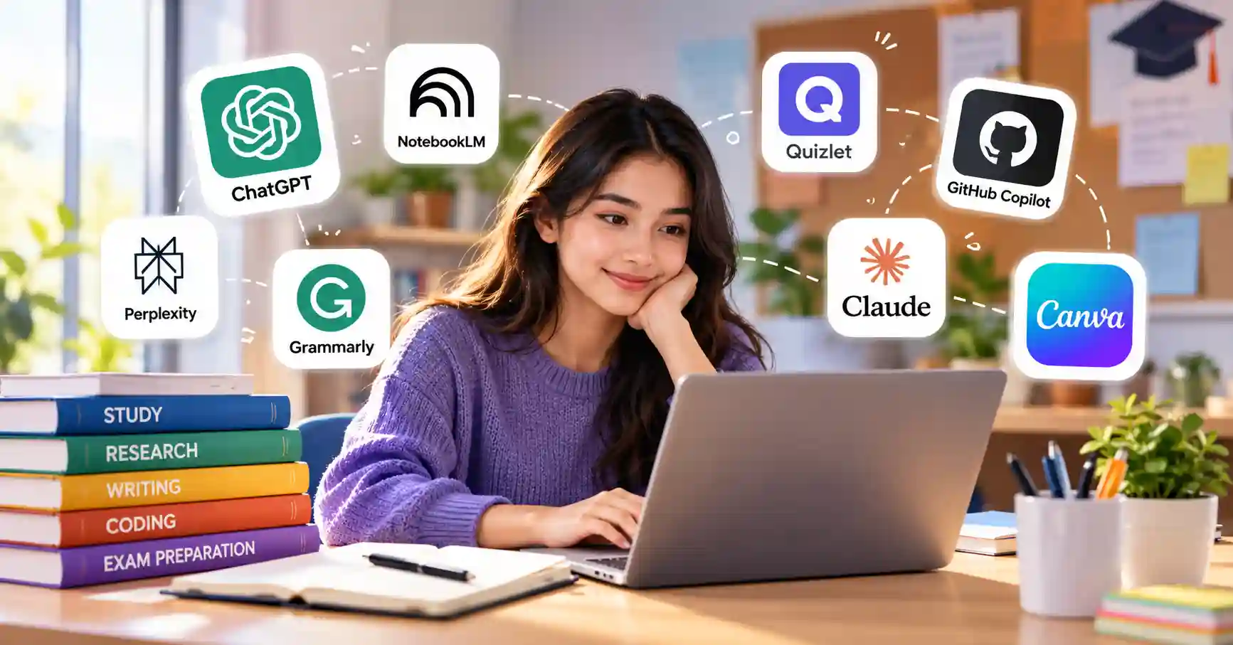Student using AI tools on a laptop for studying, research, writing, coding, and exam preparation.