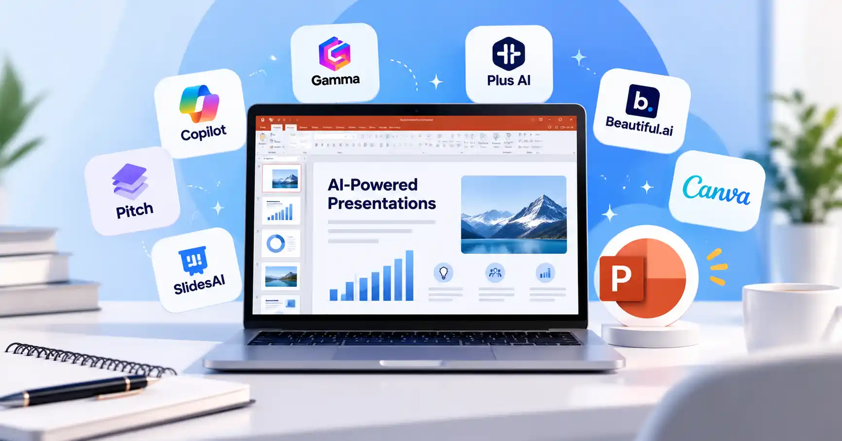 AI tools for creating PowerPoint presentations with slides, charts, and visual layouts