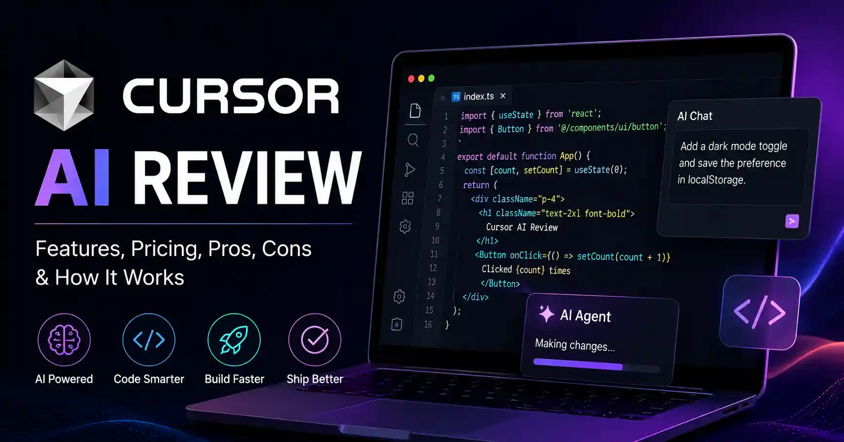 Cursor AI Review featuring AI powered code editor