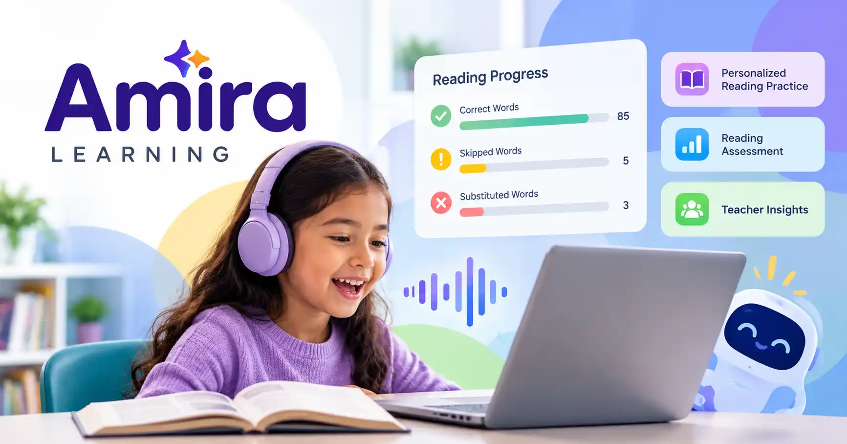 Amira Learning AI reading tutor helping students improve reading skills through personalized feedback.