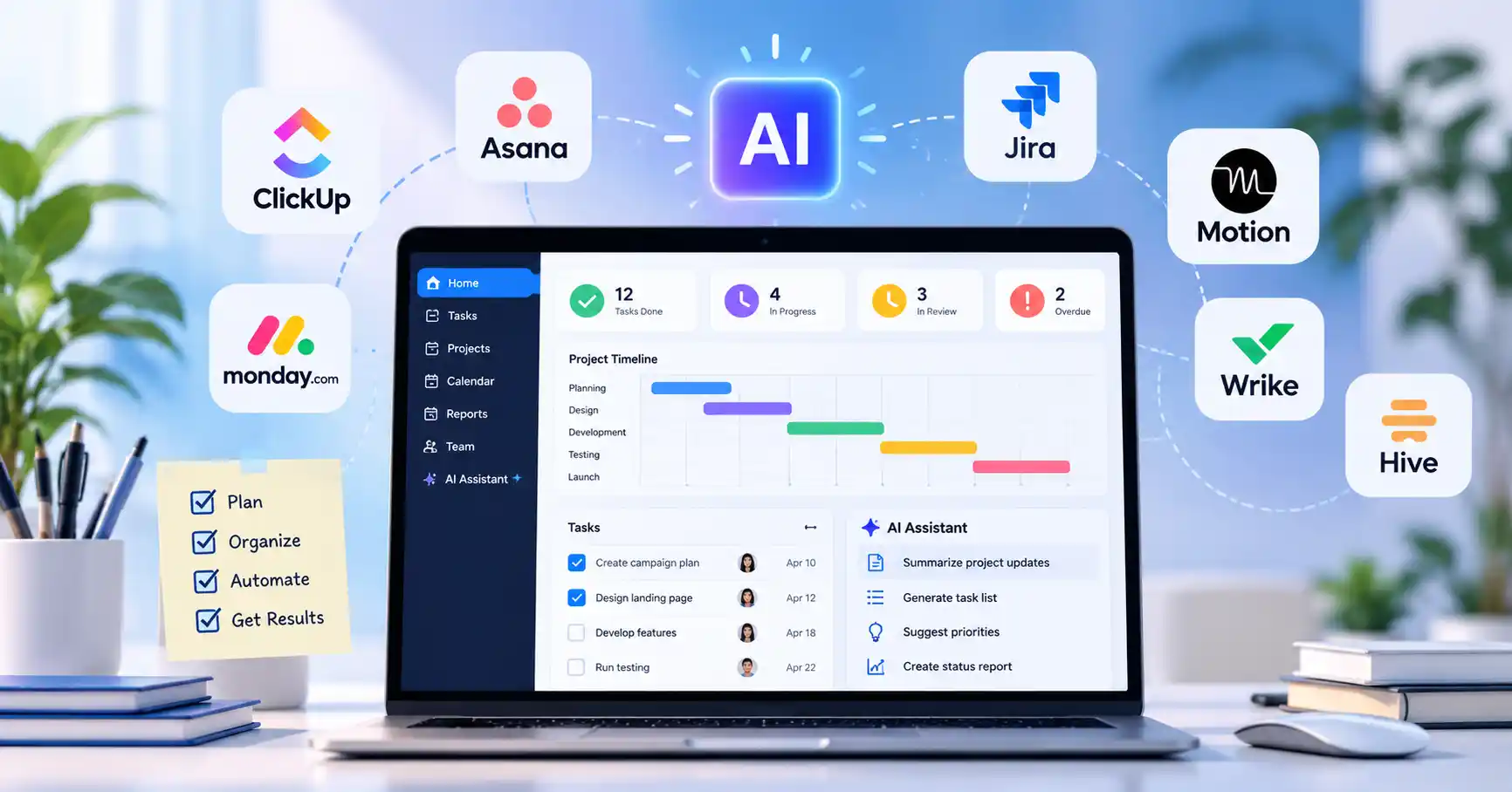 AI project management dashboard showing task lists, project timelines, and automated workflows.