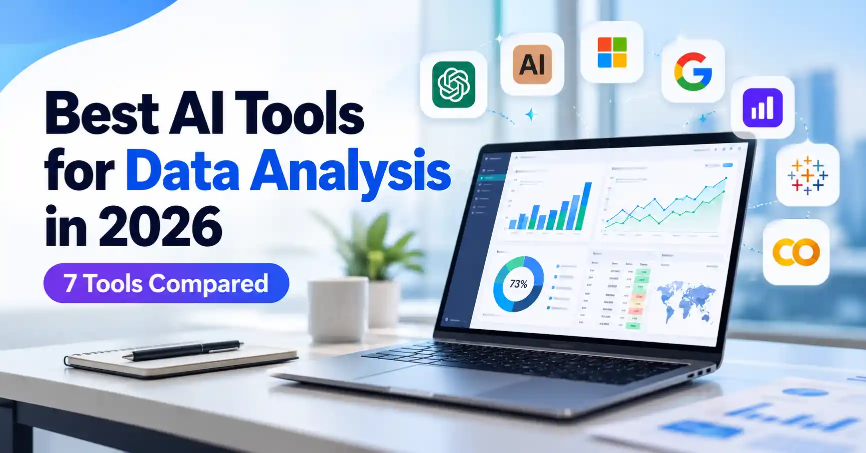 AI tools for data analysis displaying spreadsheets, charts, and business analytics dashboards