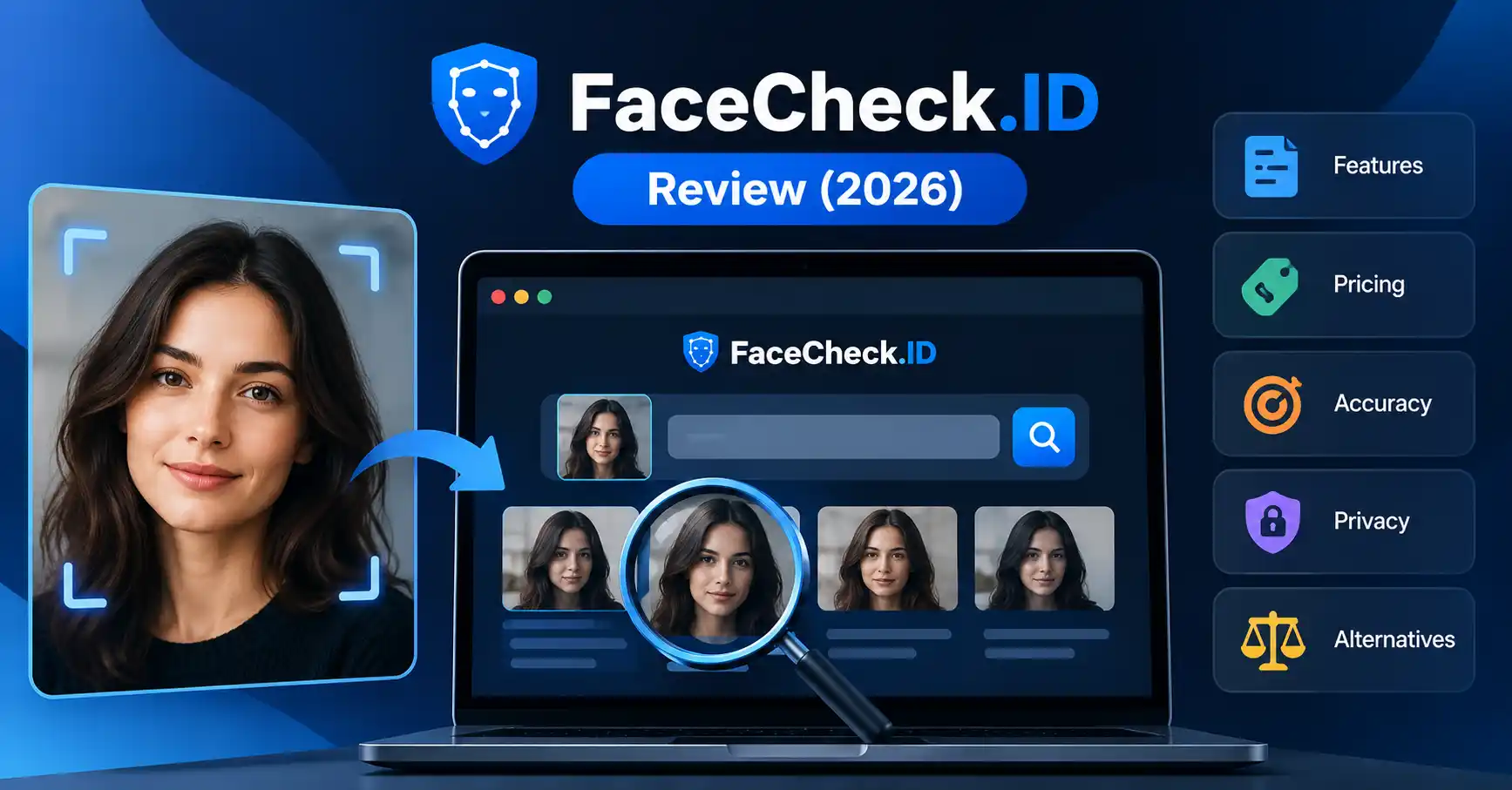 FaceCheck.ID review showing a facial search interface and reverse face-search concept