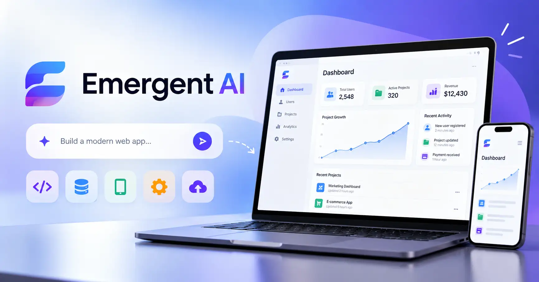 Emergent AI app builder generating a web application dashboard.