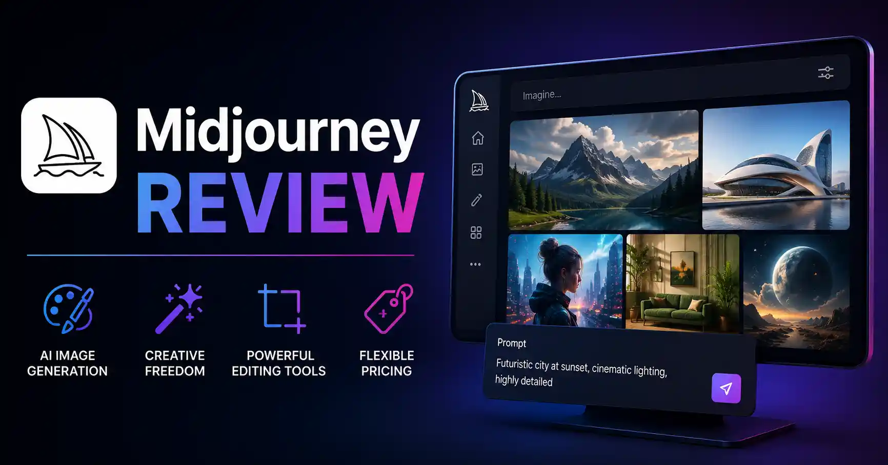Midjourney Review featuring AI image generation and creative tools