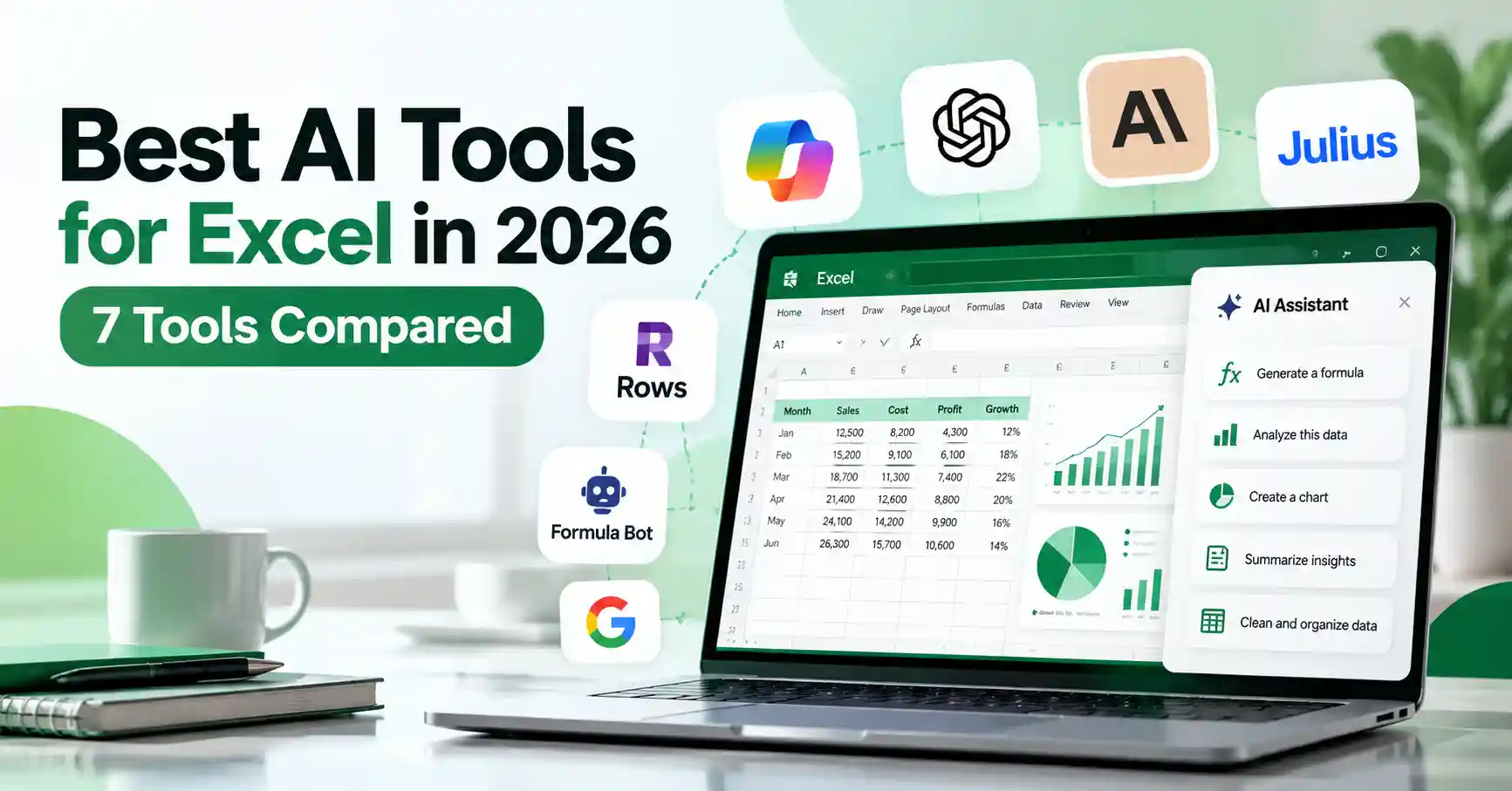 AI tools for Excel generating formulas, analyzing spreadsheet data, and creating charts