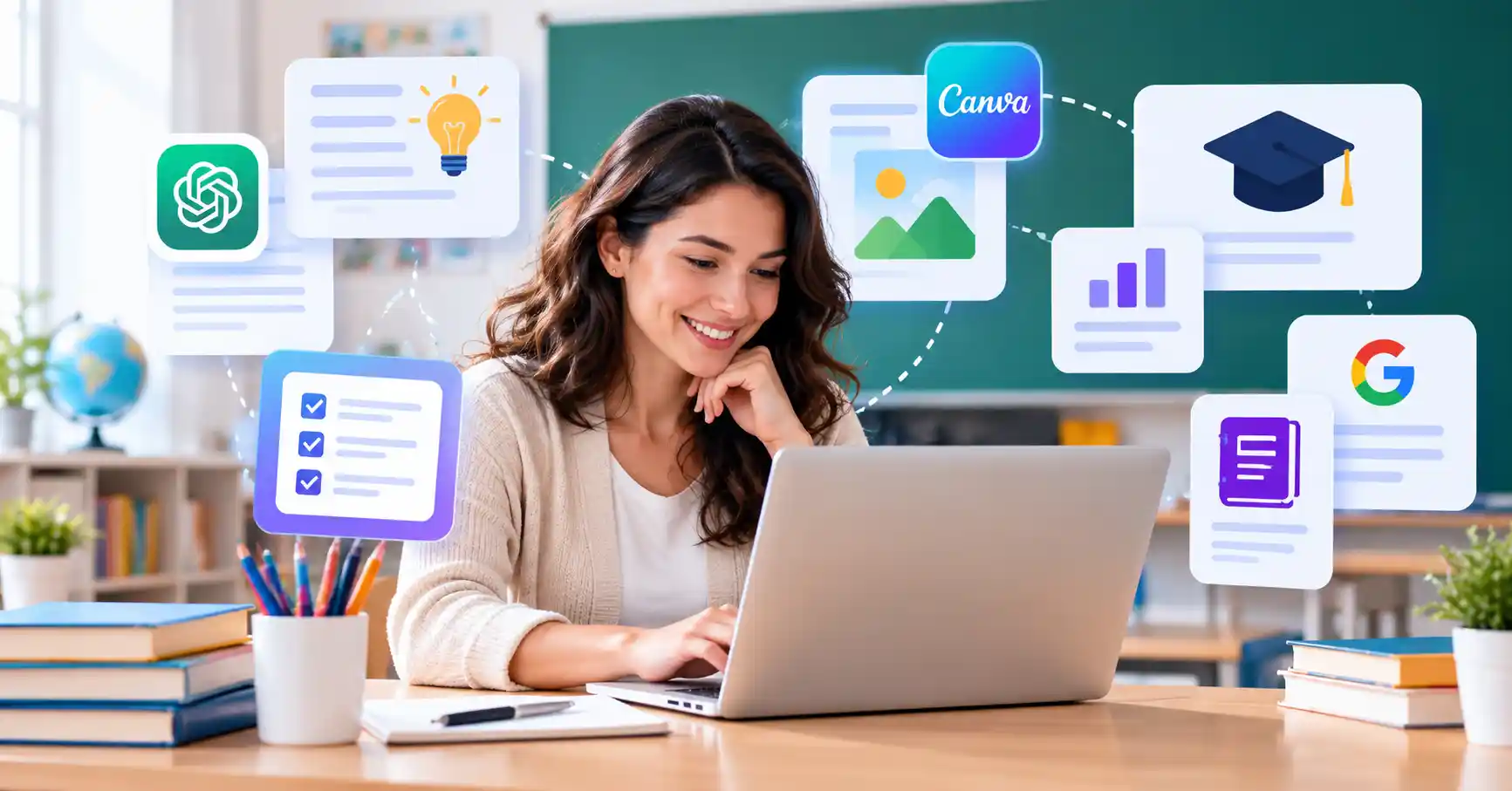 Teacher using AI tools on a laptop for lesson planning, worksheets, quizzes, and classroom presentations.