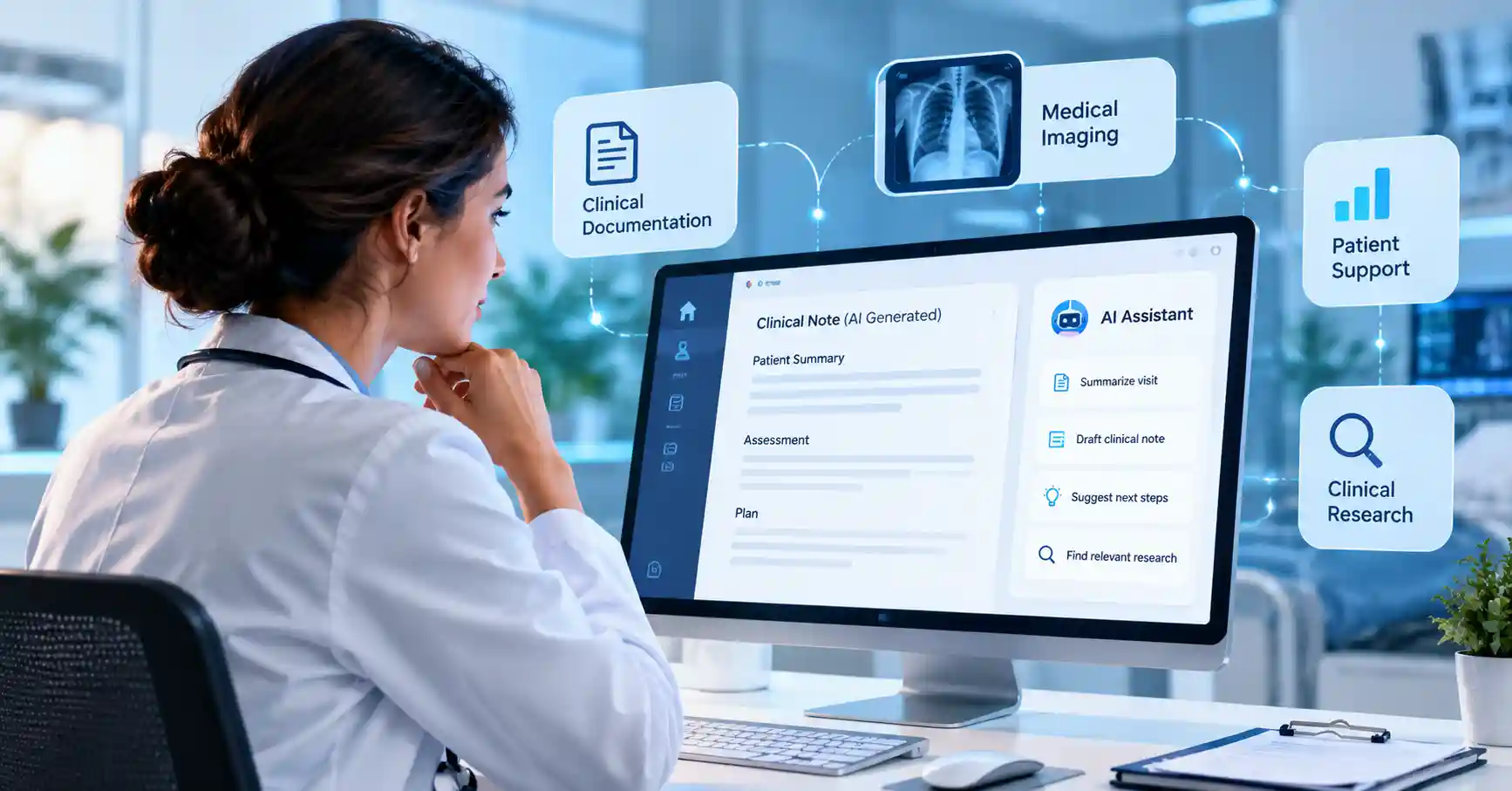 Healthcare professional reviewing AI-powered clinical documentation and medical imaging tools.