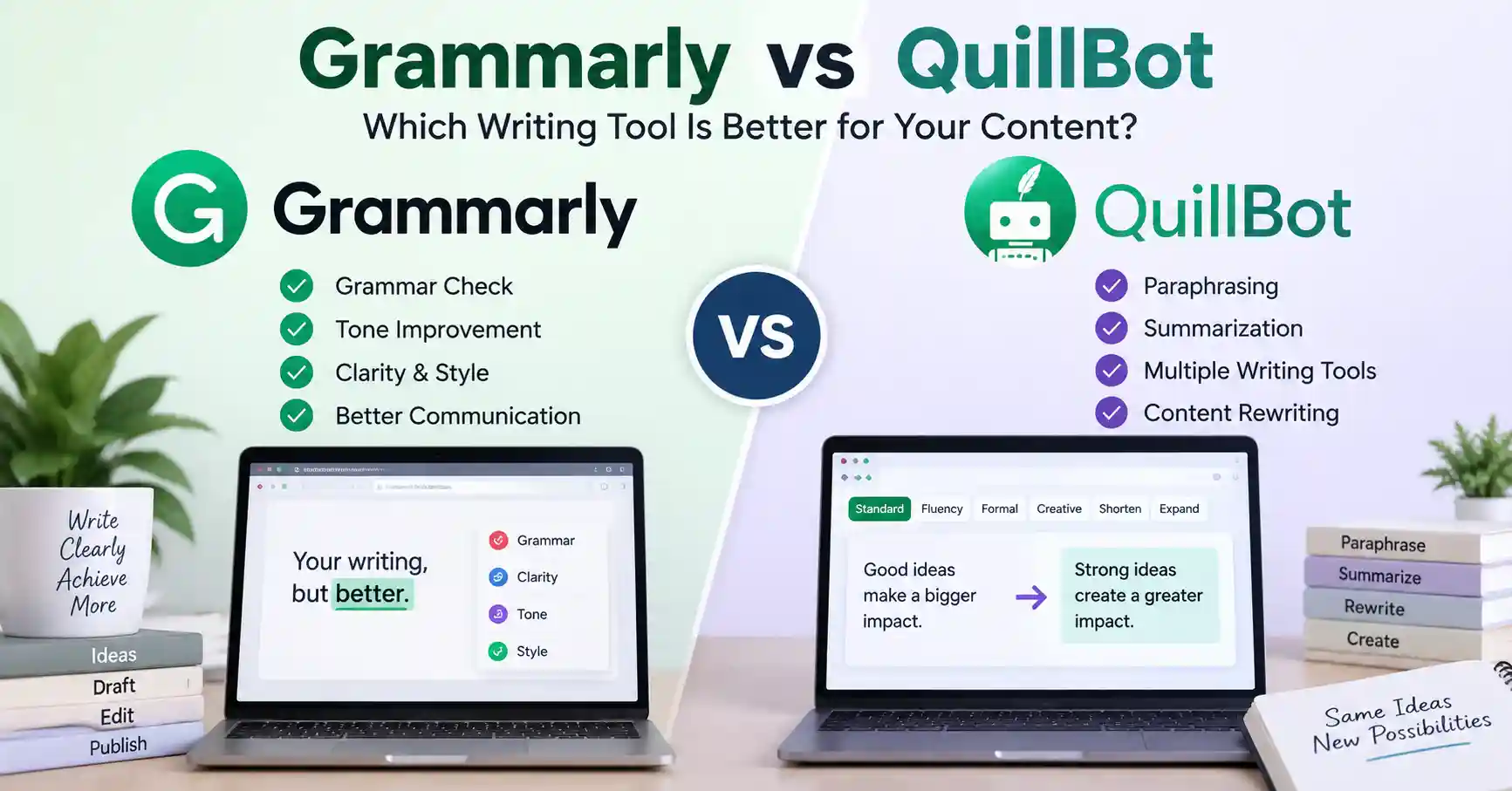 Grammarly vs QuillBot comparison for writing and paraphrasing
