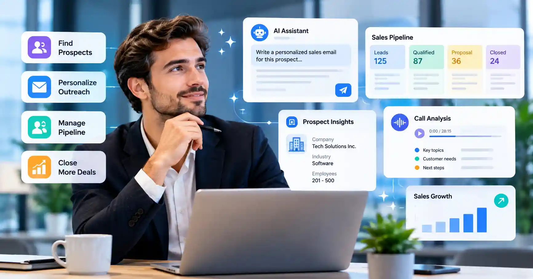 AI tools for sales teams featuring prospect research, email outreach, CRM, and sales analytics