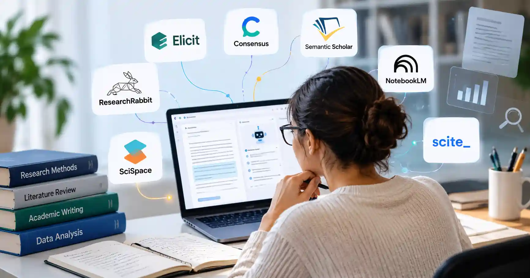 Researcher using AI tools to analyze academic papers and discover scientific literature.