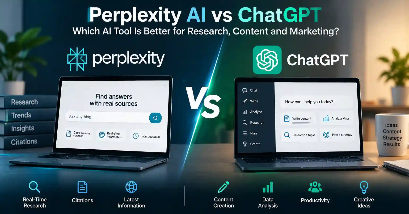 Perplexity AI vs ChatGPT comparison for research and marketing