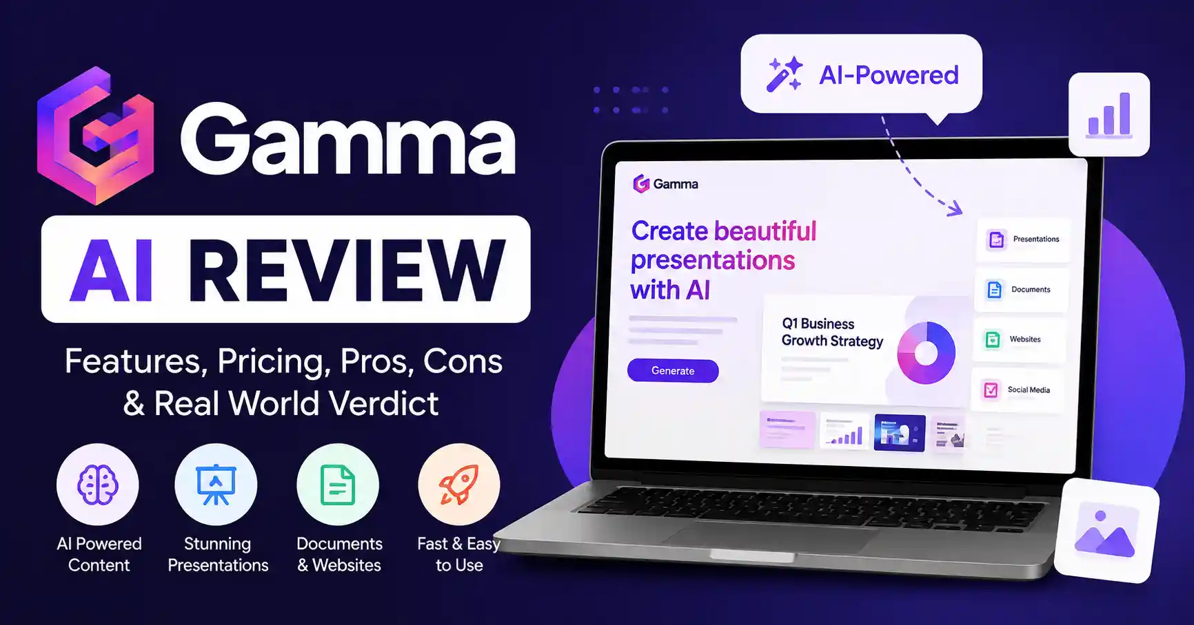 Gamma AI Review showing AI presentation creation and design features